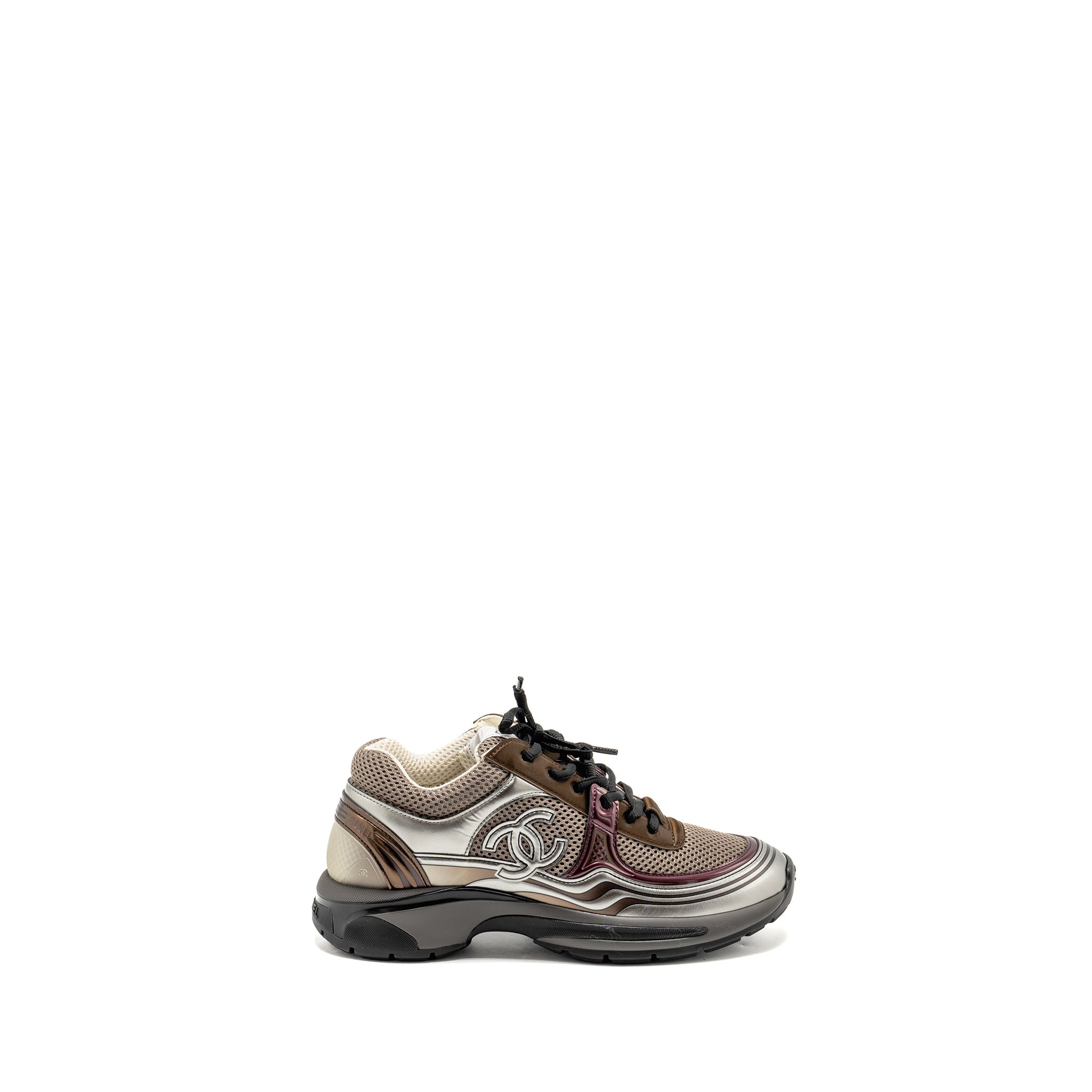 chanel-size-38-23a-cc-logo-sneakers-fabric-laminated-khaki-silver-dark-purple-copy