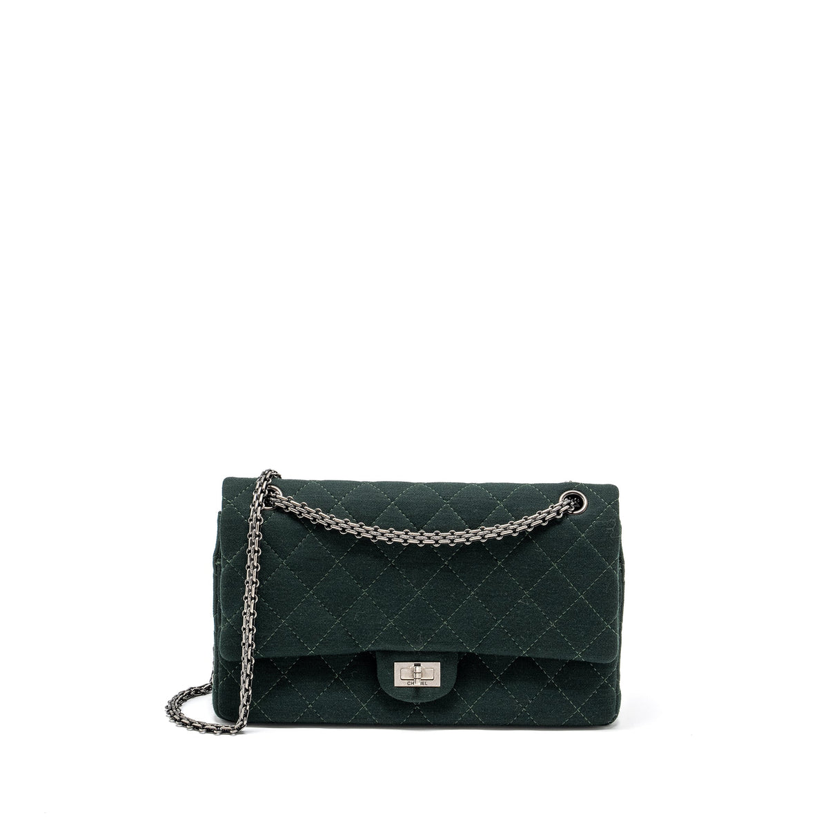 chanel-reissue-2-55-226-double-flap-bag-fabric-dark-green-ruthenium-hardware-copy