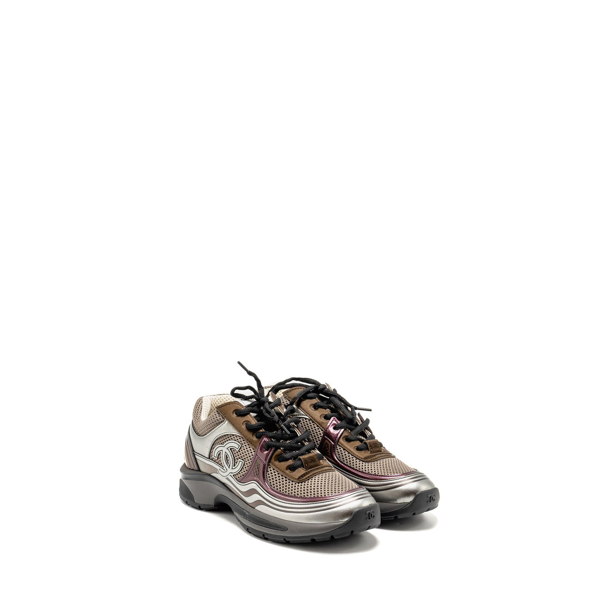 chanel-size-38-23a-cc-logo-sneakers-fabric-laminated-khaki-silver-dark-purple-copy