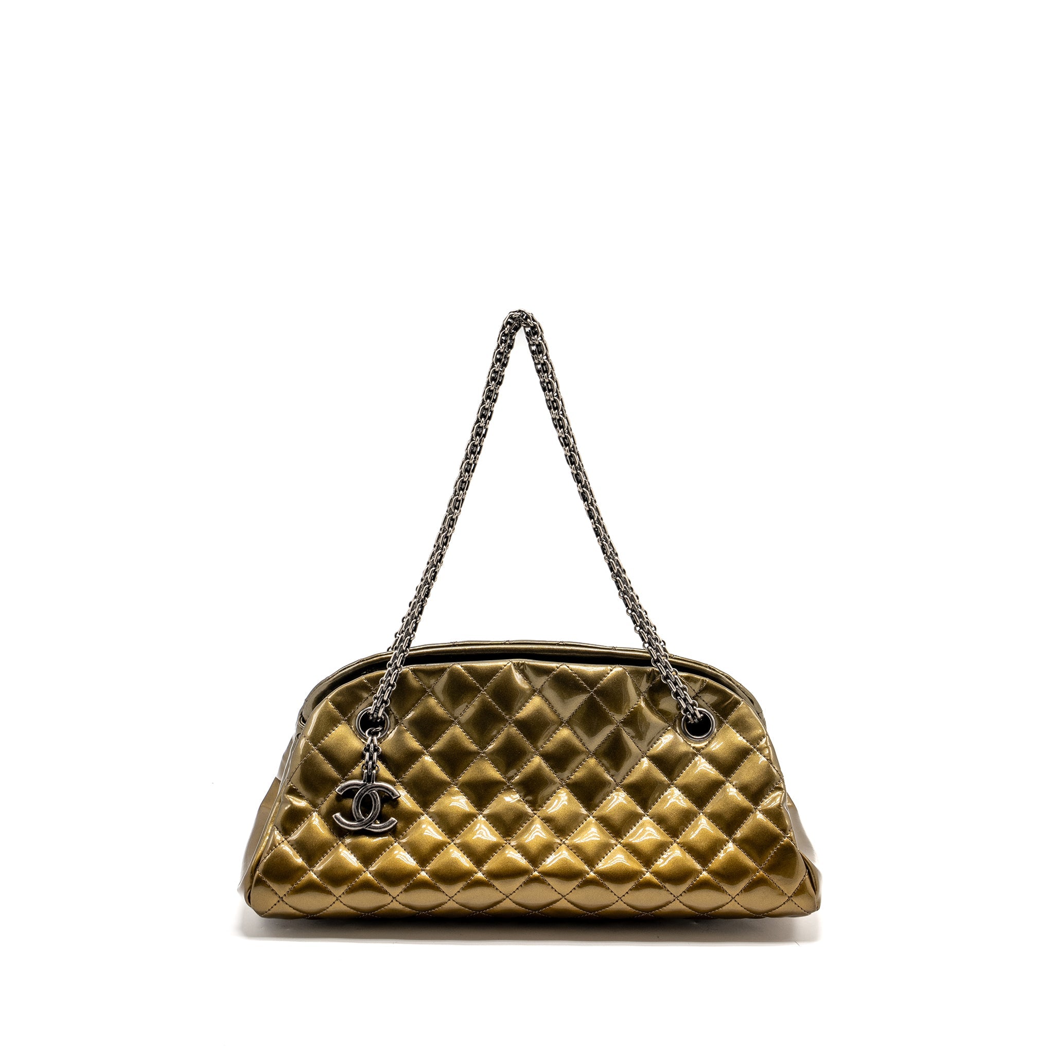 chanel-just-mademoiselle-bowling-bag-patent-metallic-khaki-shw