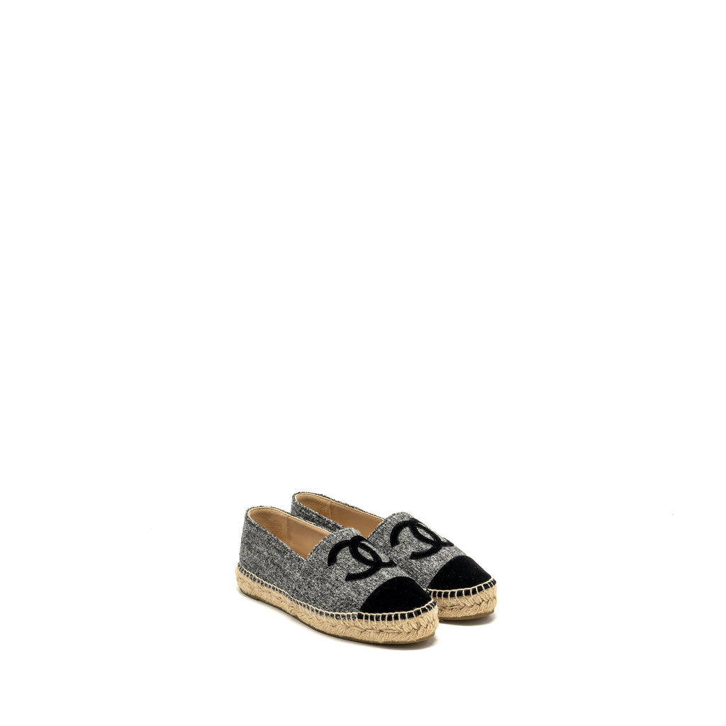 chanel-size-36-16a-cc-logo-espadrilles-tweed-velvet-grey-black