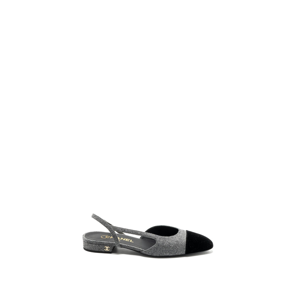 chanel-size-37-sling-back-flat-shoes-felt-velvet-grey-black