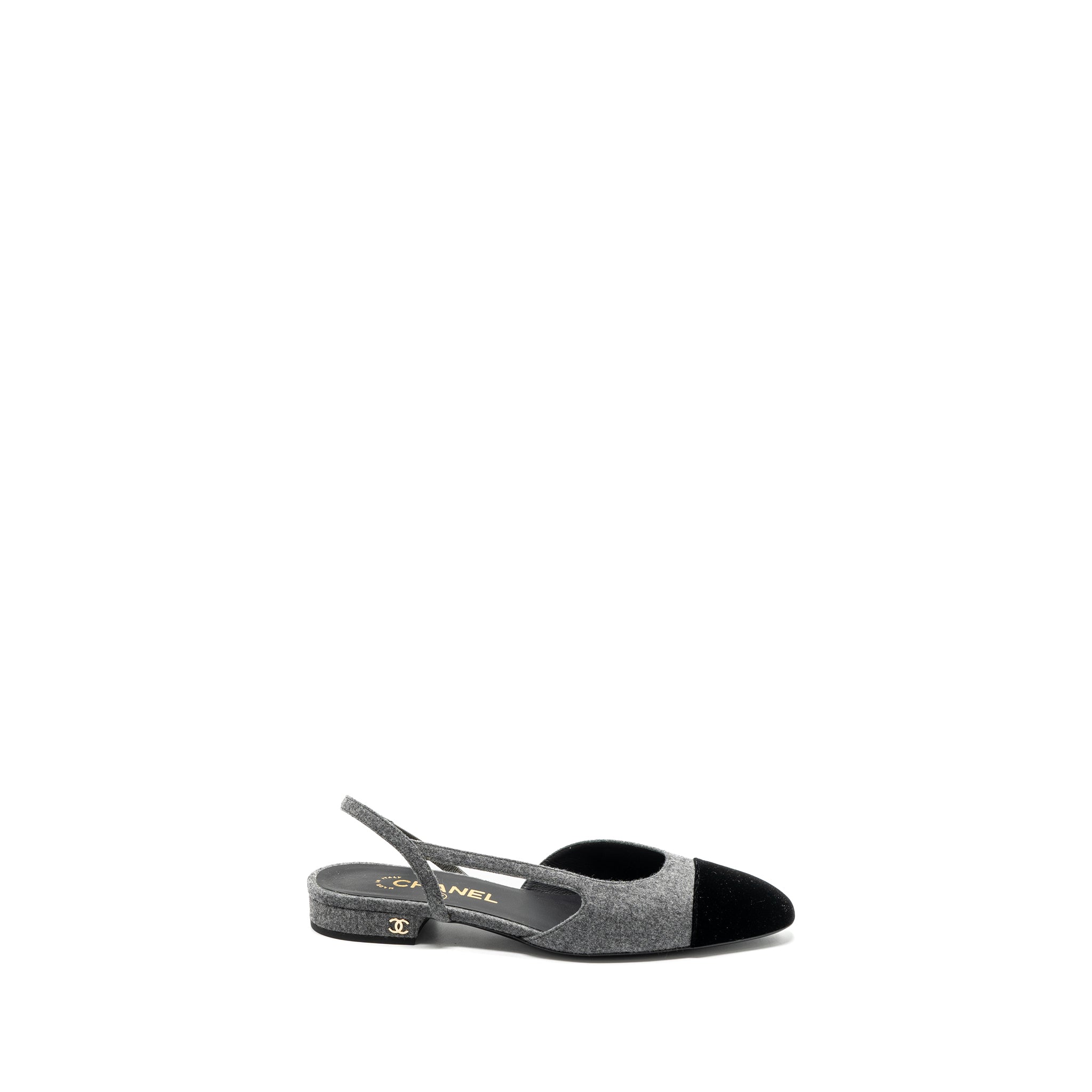 chanel-size-37-sling-back-flat-shoes-felt-velvet-grey-black