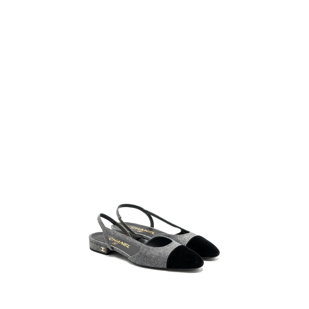 chanel-size-37-sling-back-flat-shoes-felt-velvet-grey-black