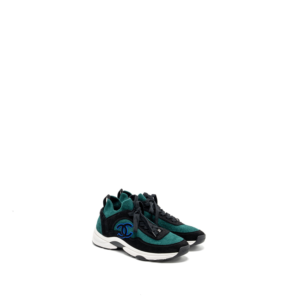 chanel-size-37-cc-logo-sneakers-suede-knit-fabric-green-black