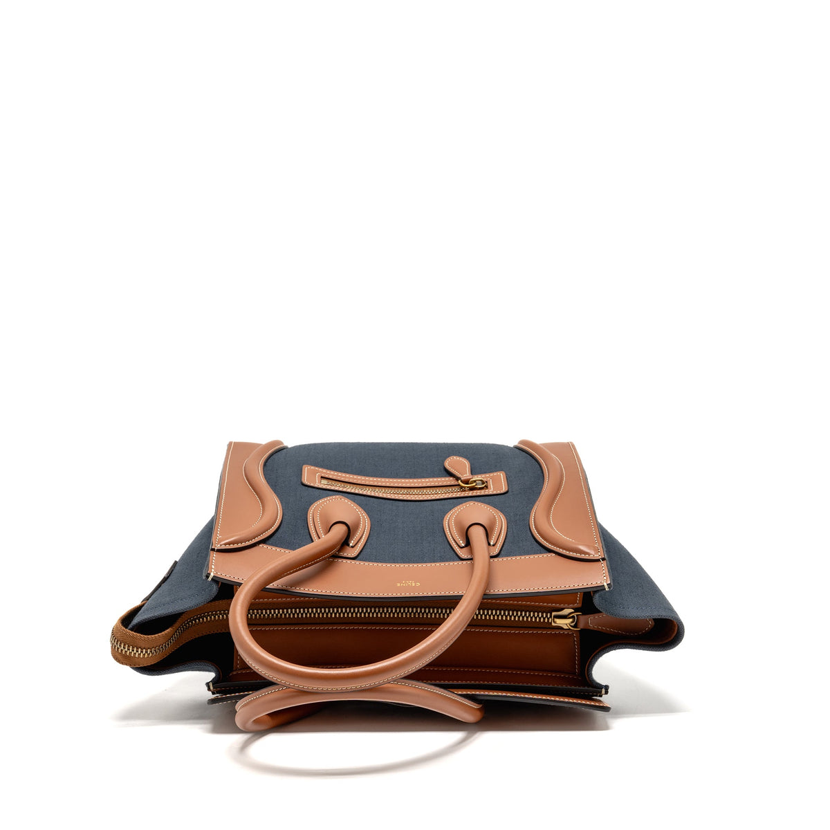 celine-micro-luggage-bag-calfskin-denim-navy-tan-ghw