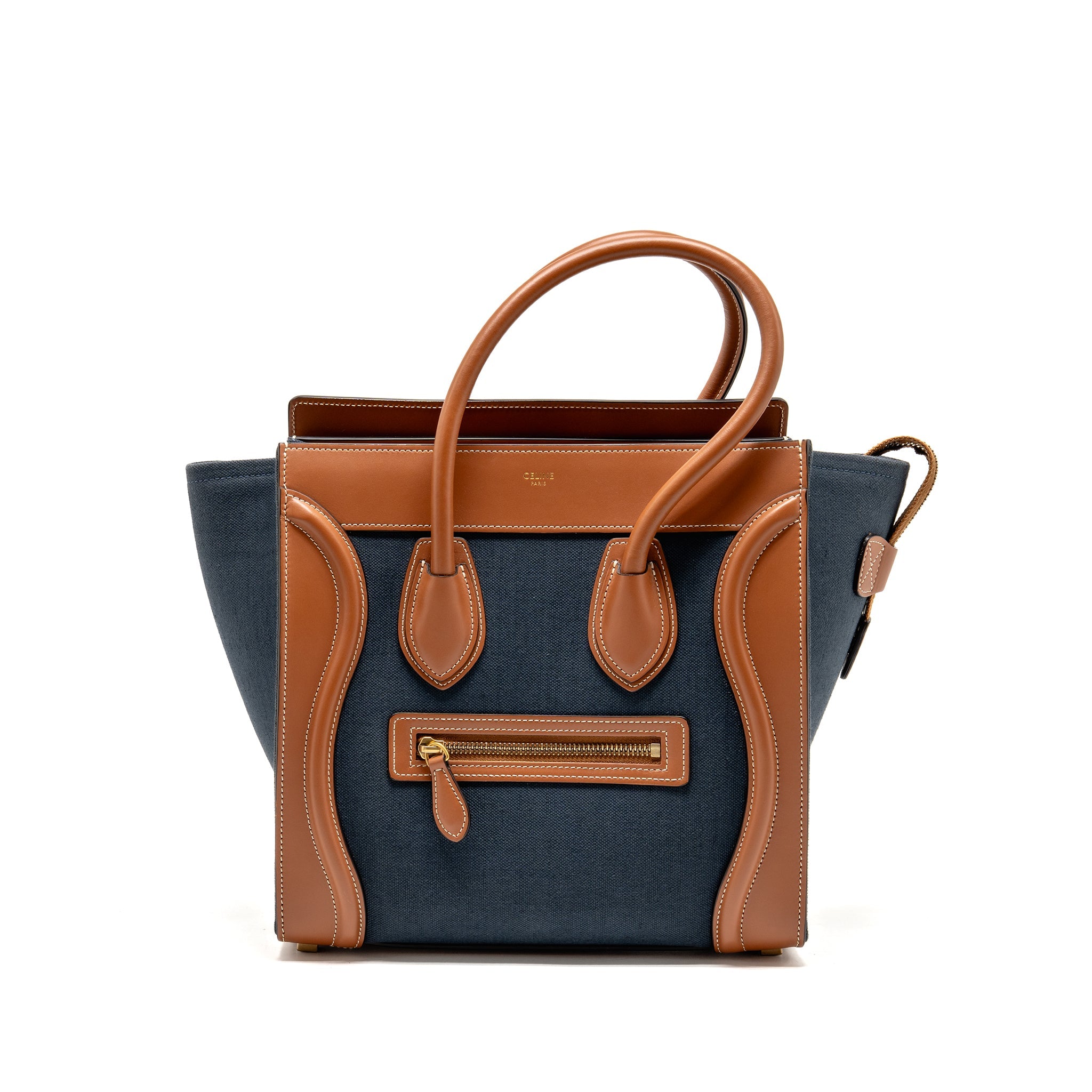 celine-micro-luggage-bag-calfskin-denim-navy-tan-ghw