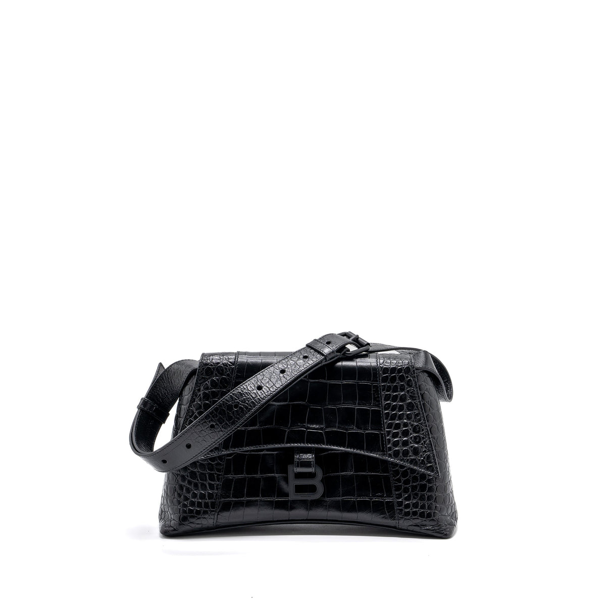 balenciaga-downtown-small-shoudler-bag-crocodile-embossed-black-with-black-hardware