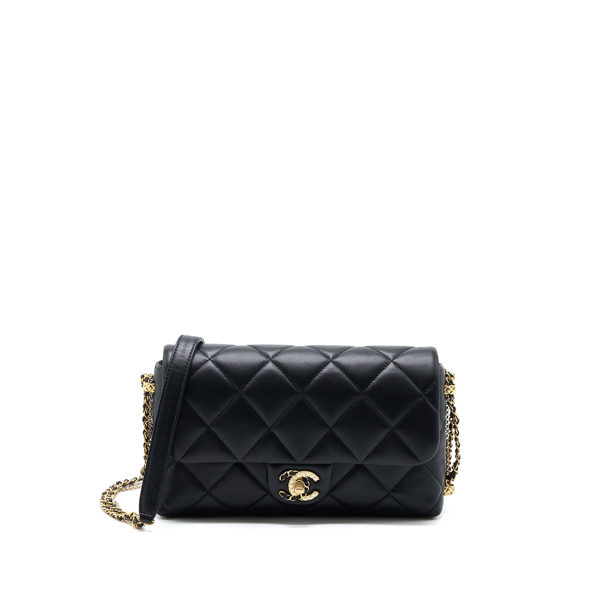 chanel-quilted-detailed-logo-flap-bag-lambskin-black-ghw-microchip