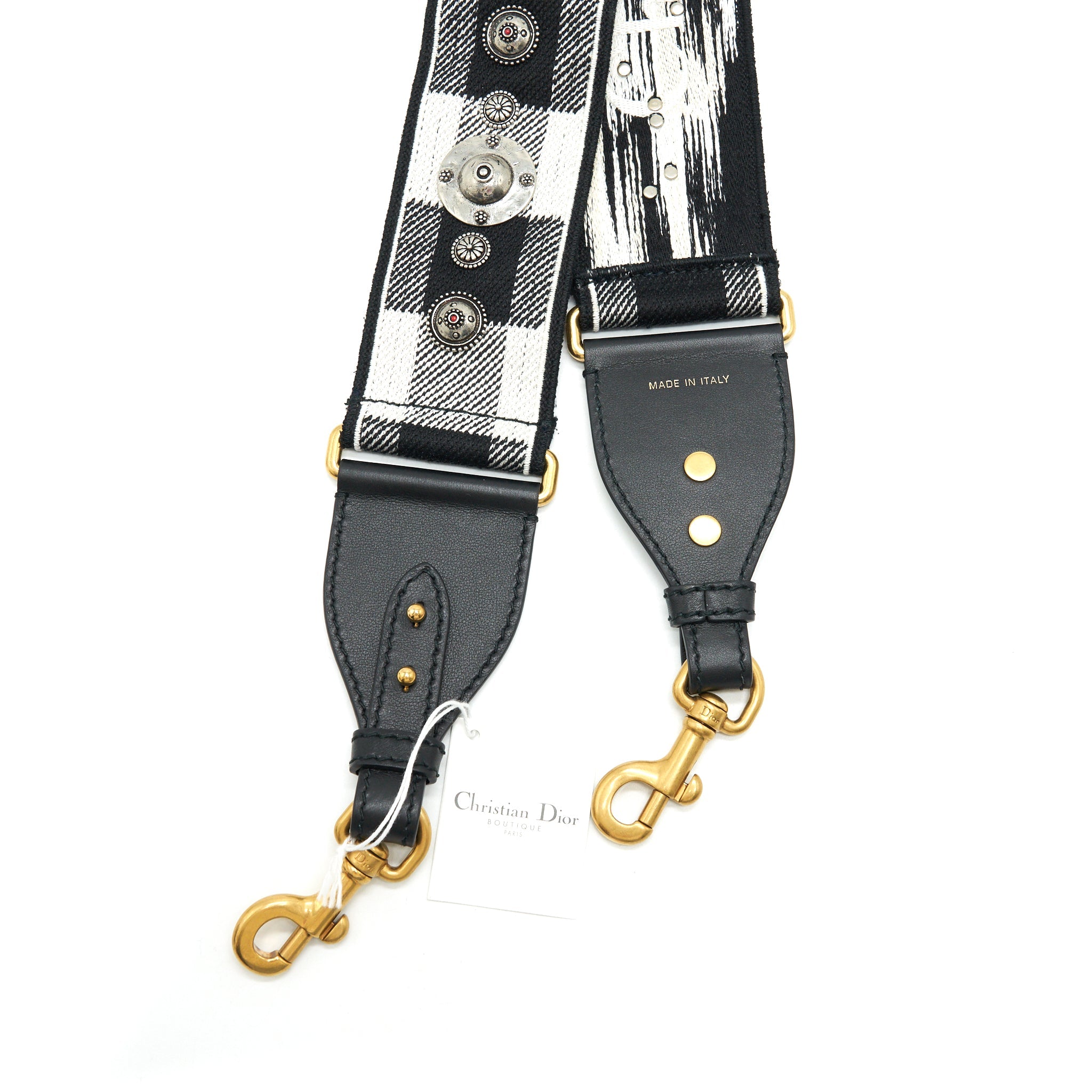 dior-shoulder-strap-black-white-with-metal-medallions
