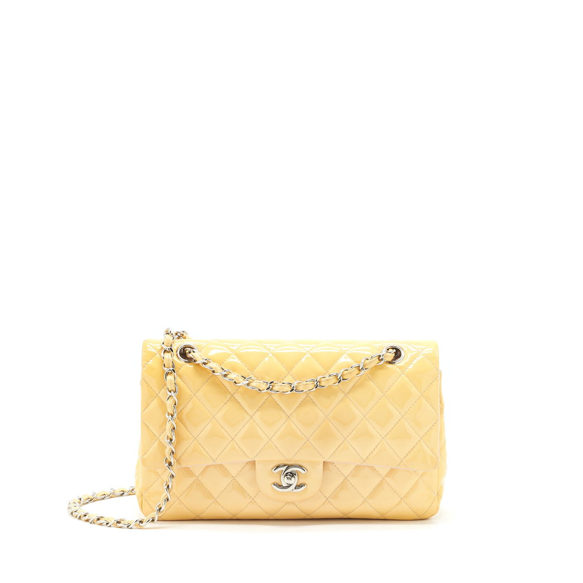 chanel-medium-classic-double-flap-bag-yellow-patent-shw