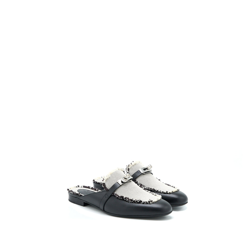 hermes-size-38-oz-mule-in-calfskin-fringed-canvas-black-beige-shw