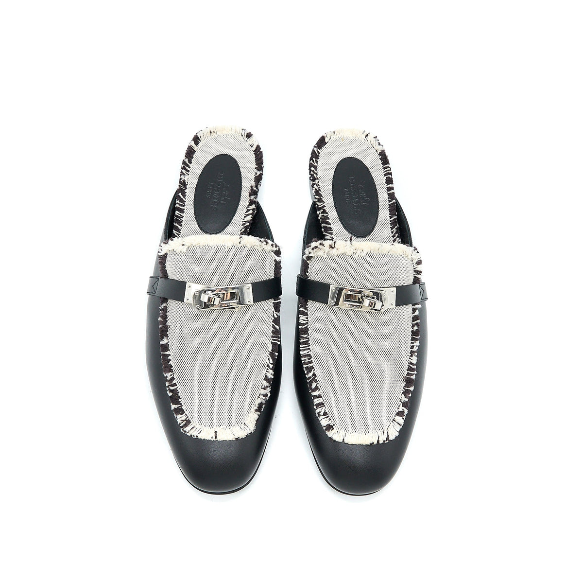 hermes-size-38-oz-mule-in-calfskin-fringed-canvas-black-beige-shw