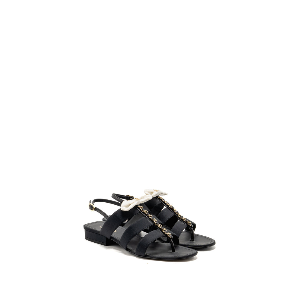 chanel-size-37-5-white-bow-chain-detailed-grosgrain-sandals-leather-fabric-black-lghw