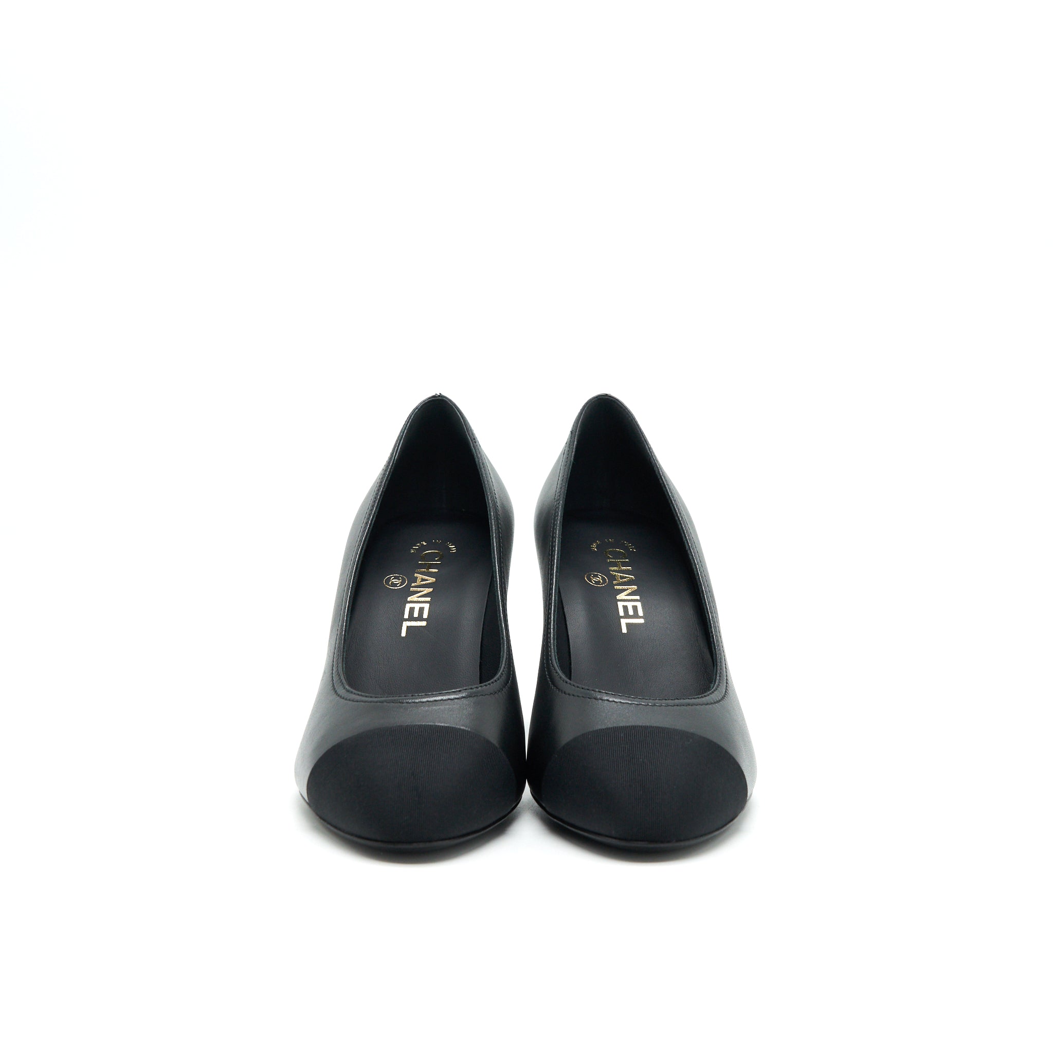 chanel-size38-pump-shoes-black-with-letter-on-heel