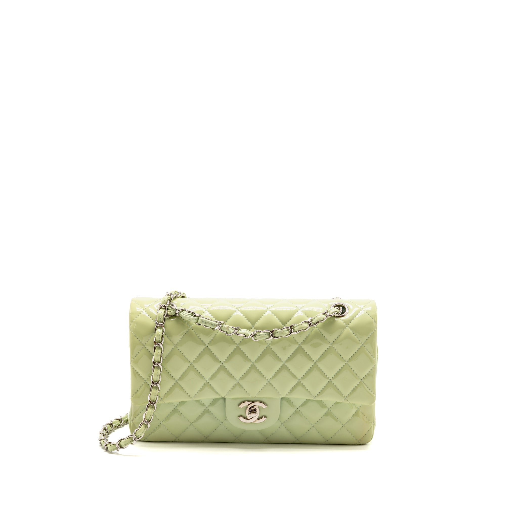 chanel-medium-classic-double-flap-bag-patent-leather-light-green-shw