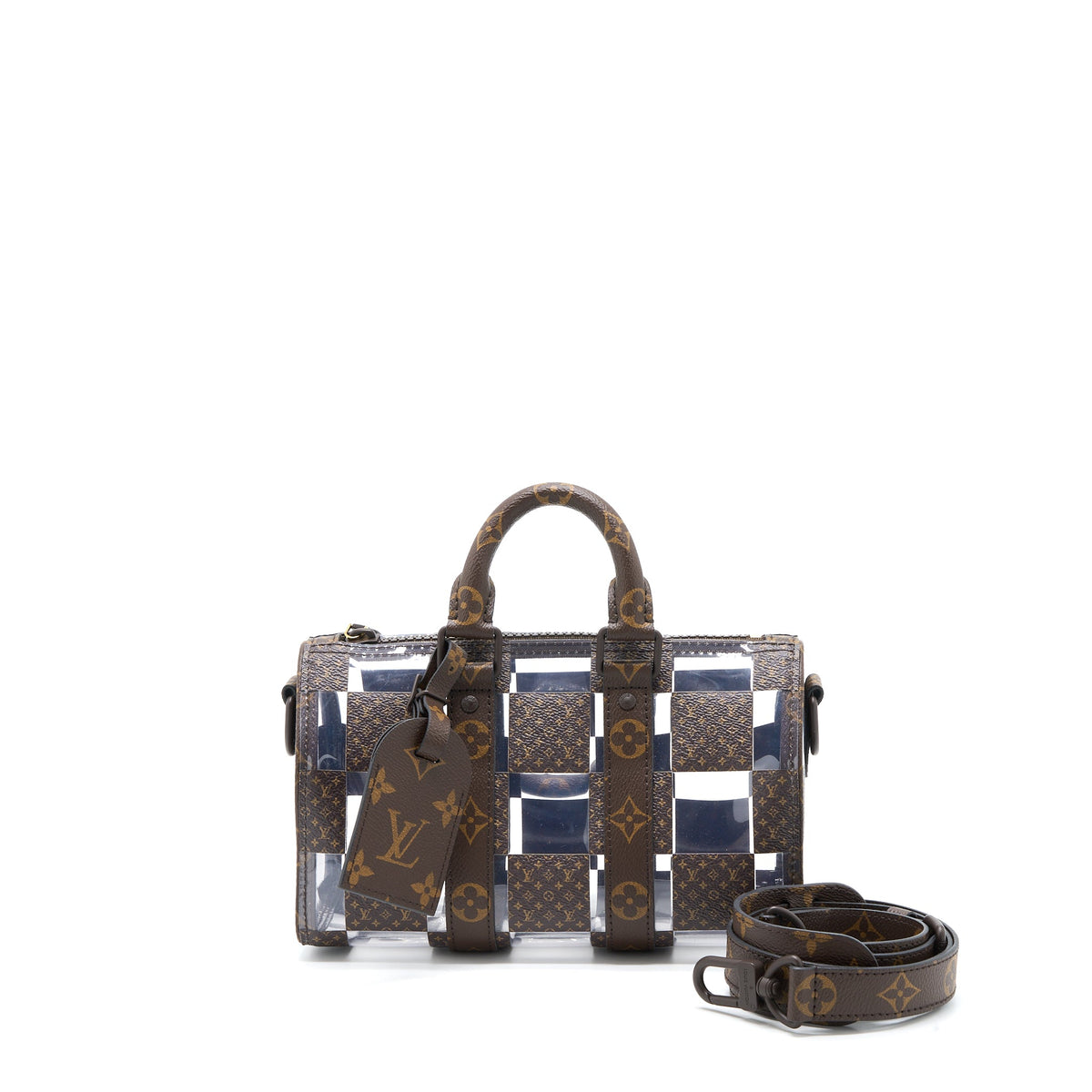 louis-vuitton-keepall-banbouliere-25-monogram-chess-monogram-canvas-transparent-pvc-brown-hardware