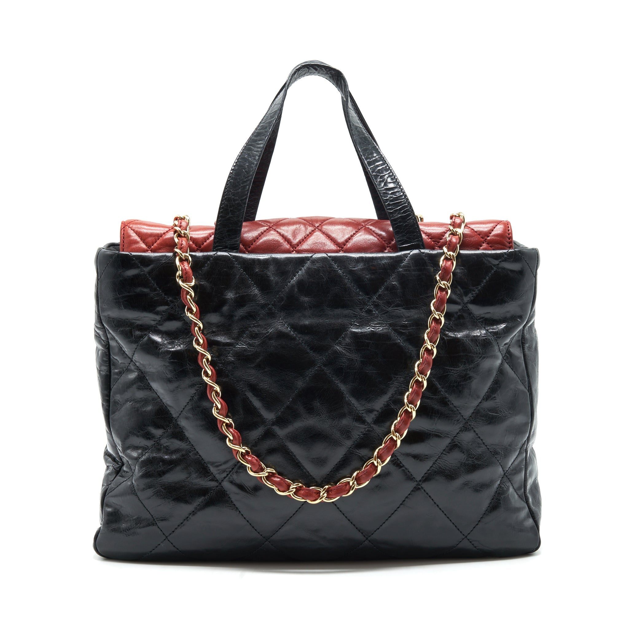 chanel-calfskin-tote-bag-with-chain-black-and-red-ghw
