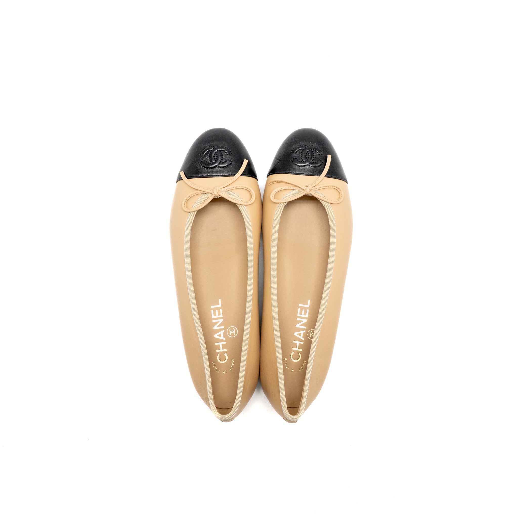 chanel-size-37-ballerinas-flat-shoes-lambskin-beige-black