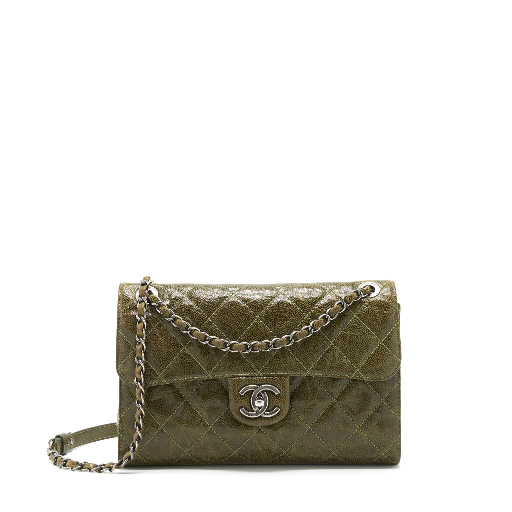 chanel-quilted-grained-calfskin-flap-bag-olive-green-ruthenium-hardware