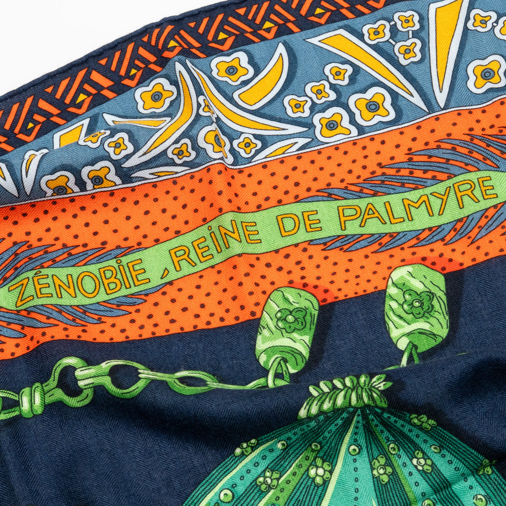 hermes-140cm-zenobie-reine-de-palmyre-scarf-cashmere-silk-marine-vert-orange