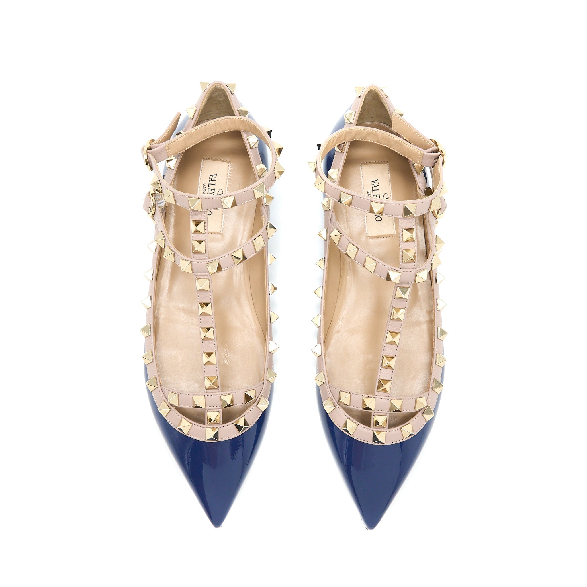 valentino-size-38-garavani-rockstud-ballet-flat-caged-patent-navy-lghw