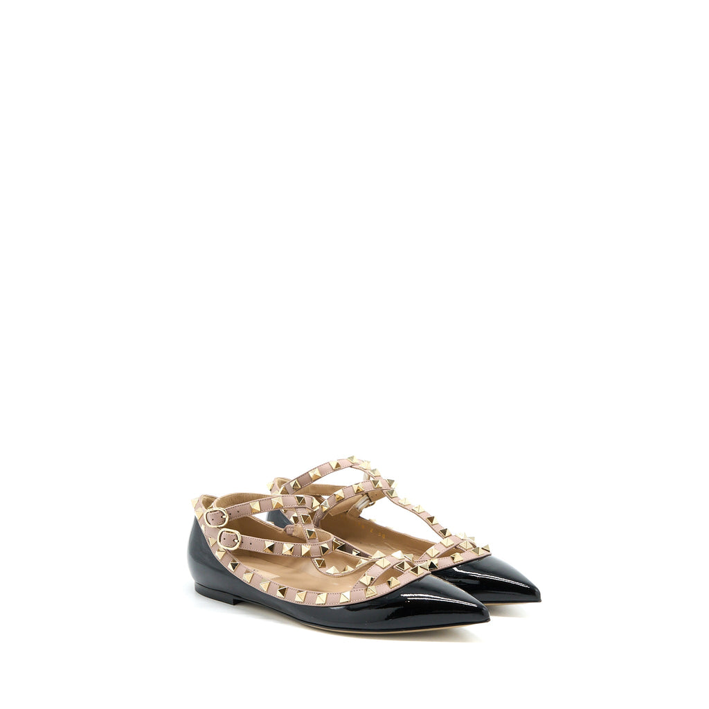 valentino-size-38-garavani-rockstud-ballet-flat-caged-patent-black-lghw