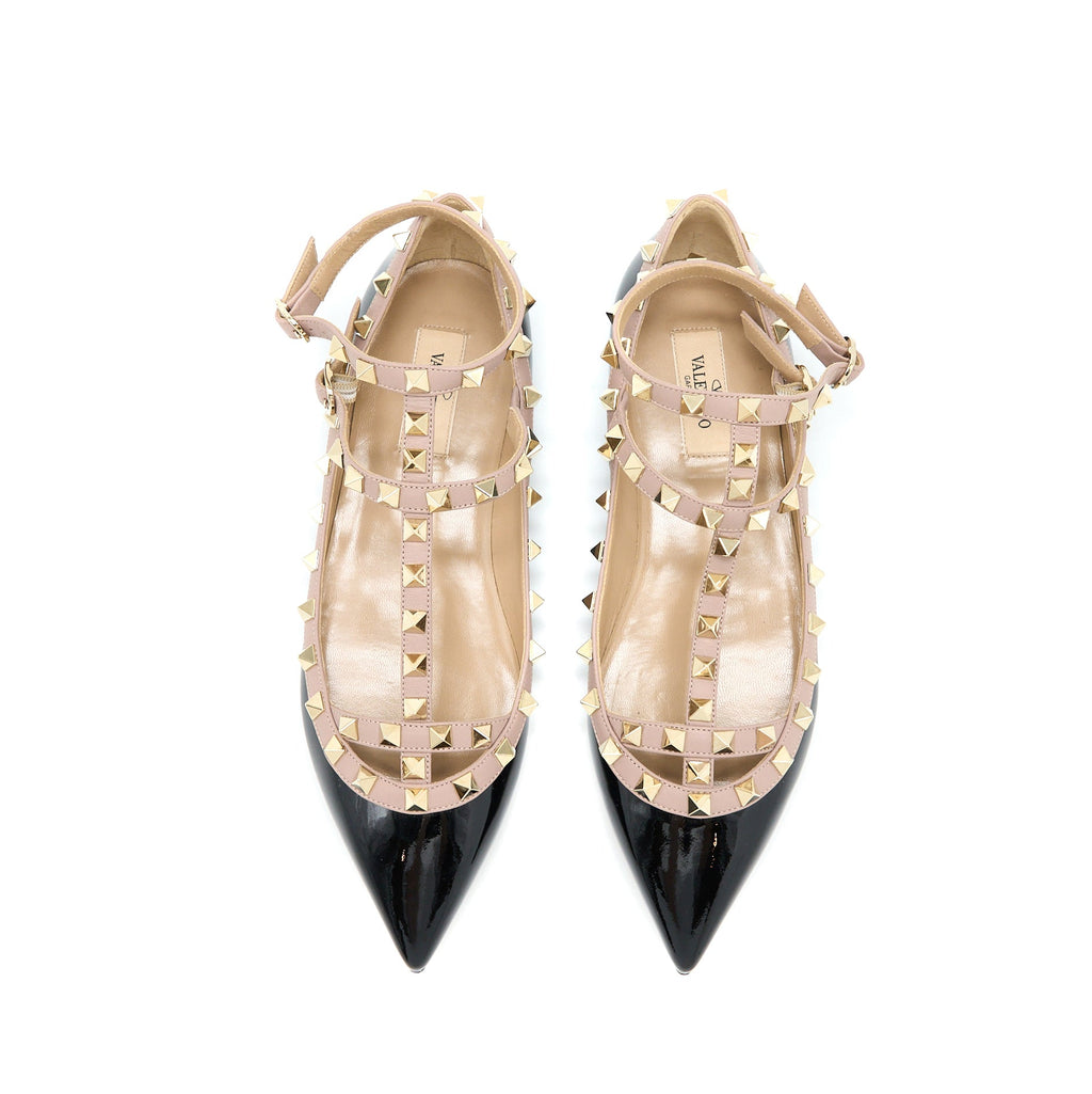 valentino-size-38-garavani-rockstud-ballet-flat-caged-patent-black-lghw