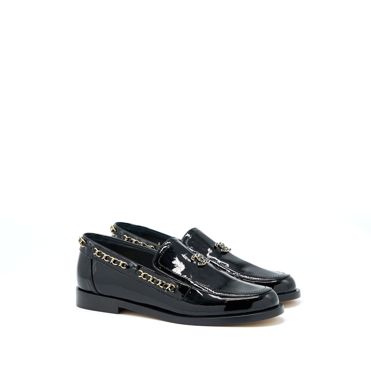 chanel-size-38-cc-logo-flats-chain-loafers-patent-black
