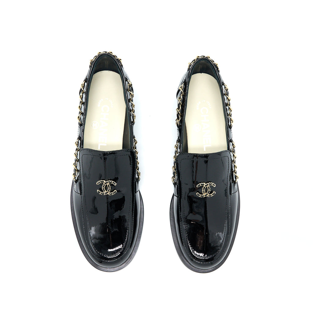 chanel-size-38-cc-logo-flats-chain-loafers-patent-black