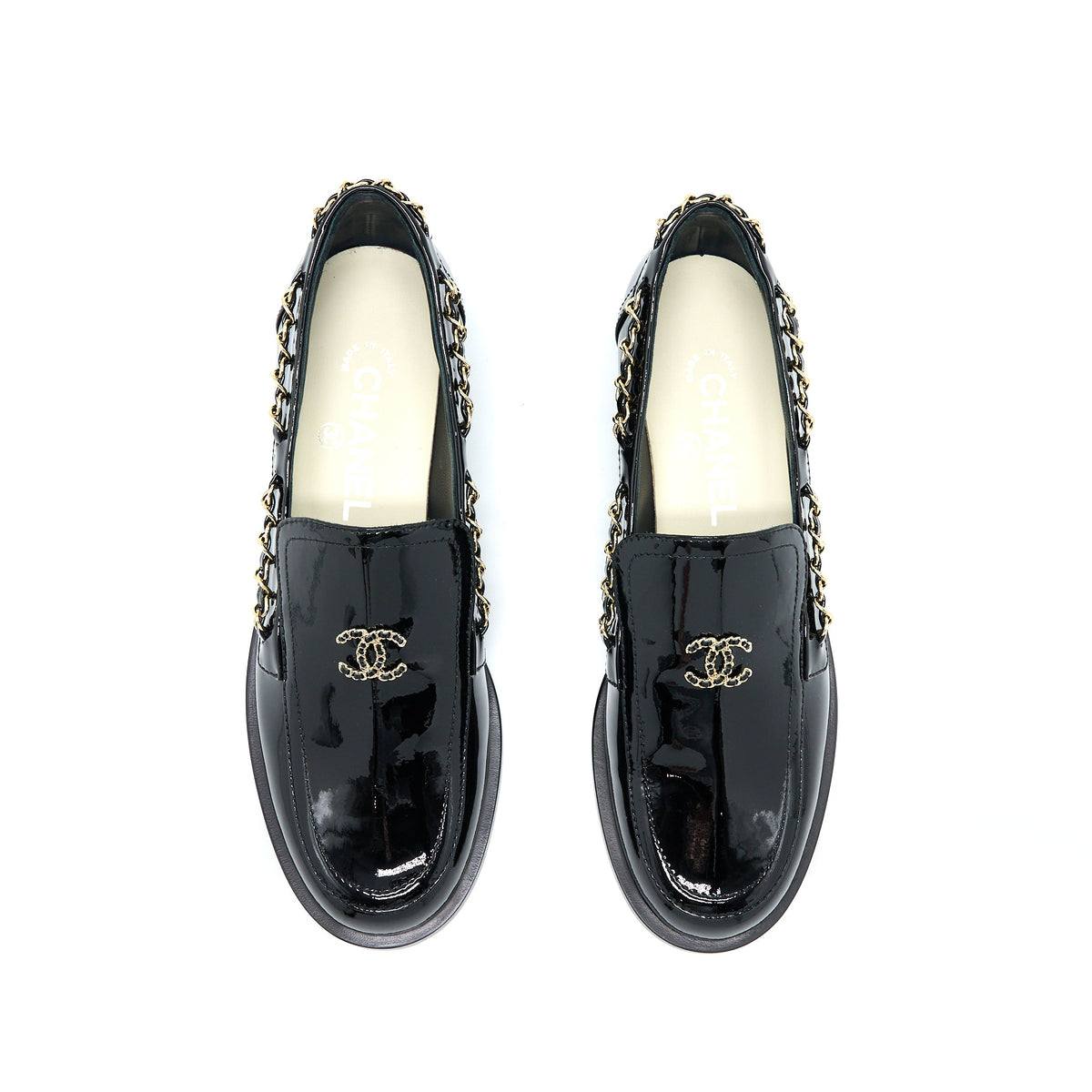 chanel-size-38-cc-logo-flats-chain-loafers-patent-black