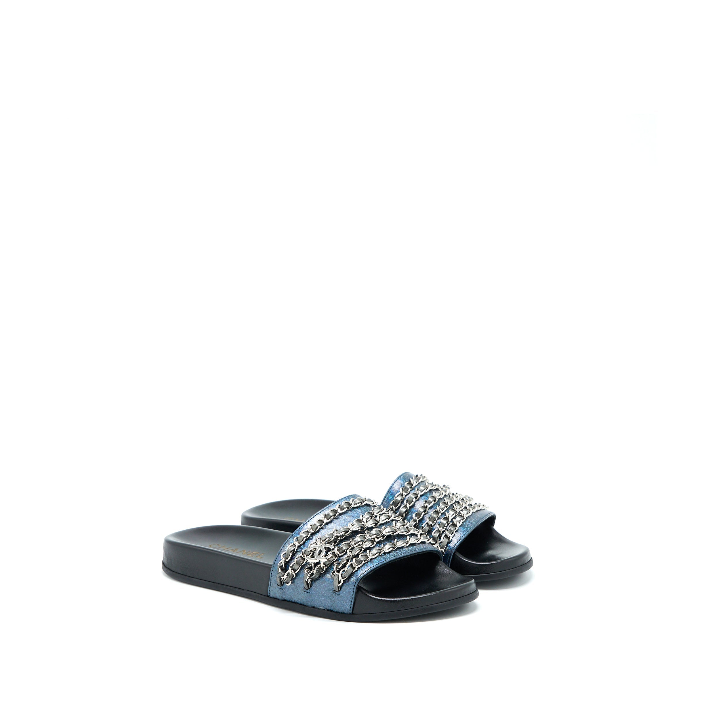 chanel-size-39-cc-logo-dropped-leather-chain-sandals-multicolour