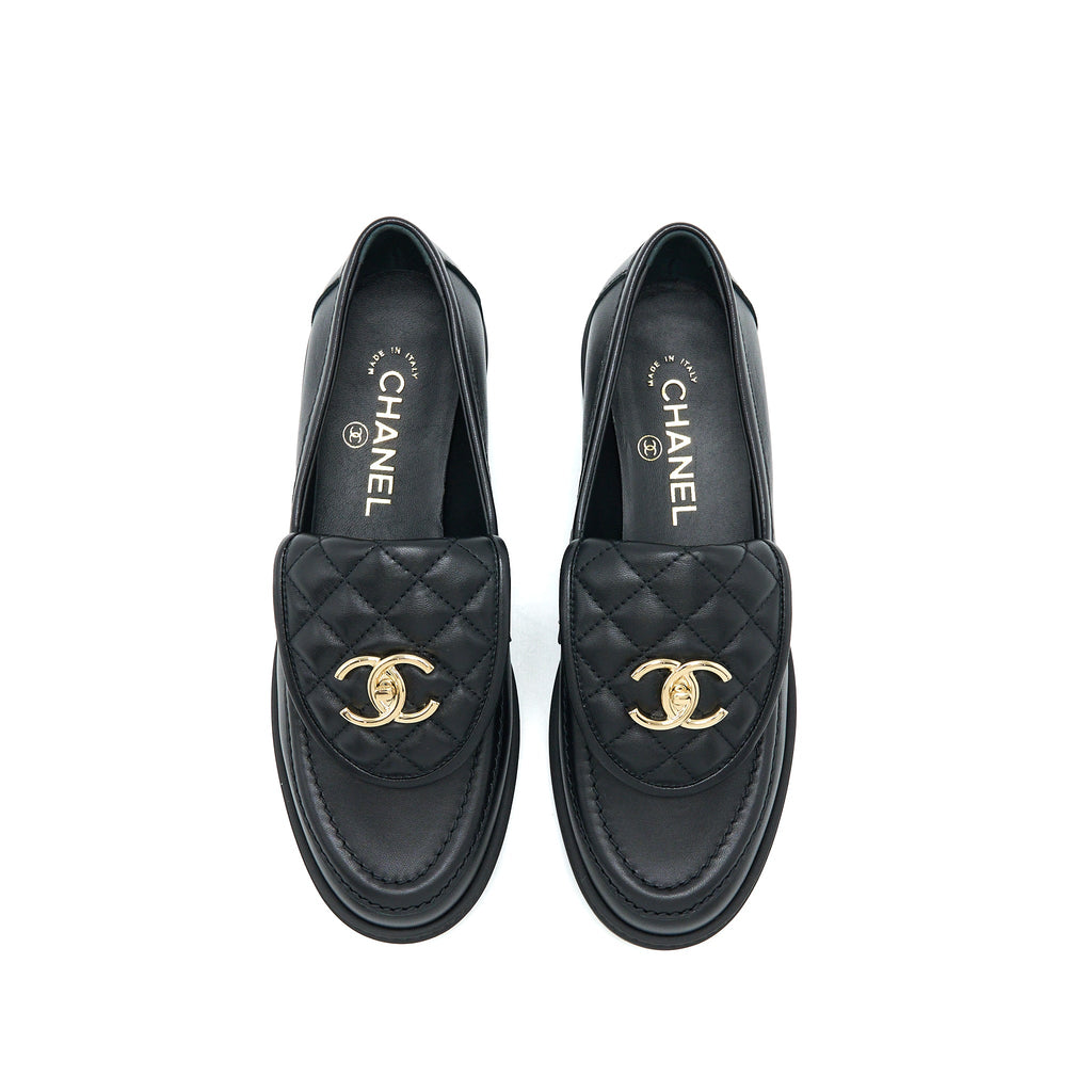 chanel-size-37-5-turnlock-loafers-quilted-leather-black-lghw