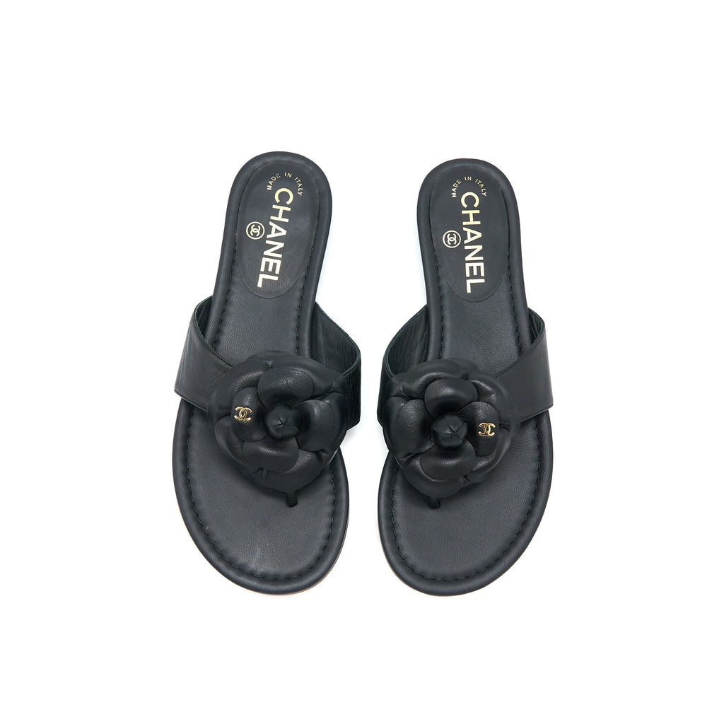 CHANEL CAMELIA SANDAL BLACK GOLD TONE