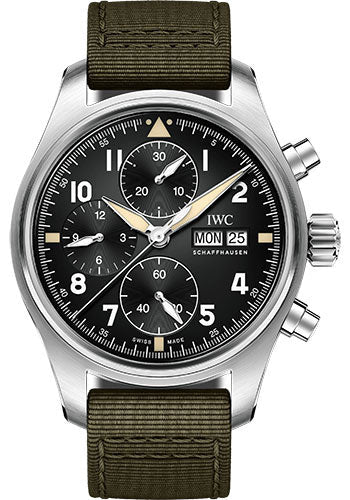 iwc-pilots-watch-chronograph-spitfire-41-0-mm-stainless-steel-case-black-dial-green-textile-strap-iw387901