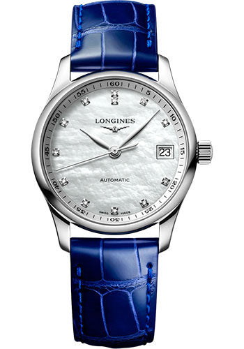longines-master-collection-automatic-watch-34-mm-steel-case-white-mother-of-pearl-diamond-dial-blue-alligator-leather-strap-l2-357-4-87-0
