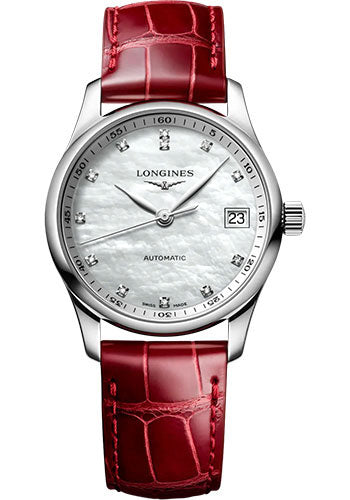 longines-master-collection-automatic-watch-34-mm-steel-case-white-mother-of-pearl-diamond-dial-red-alligator-leather-strap-l2-357-4-87-2