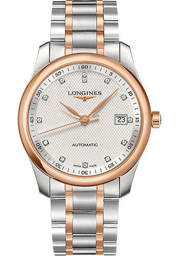 longines-master-collection-watch-40-mm-steel-and-pink-gold-cap-200-case-silver-barleycorn-diamond-dial-bracelet-l2-793-5-77-7