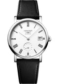 longines-elegant-collection-small-seconds-automatic-watch-34-5-mm-steel-case-white-roman-dial-black-strap-vegetable-material-bracelet-l4-312-4-11-0