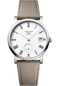 longines-elegant-collection-small-seconds-automatic-watch-34-5-mm-steel-case-white-roman-dial-beige-strap-vegetable-material-bracelet-l4-312-4-11-2