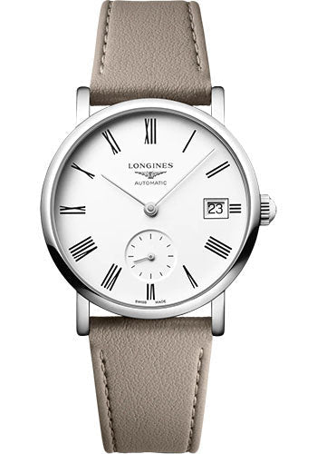 longines-elegant-collection-small-seconds-automatic-watch-34-5-mm-steel-case-white-roman-dial-beige-strap-vegetable-material-bracelet-l4-312-4-11-2