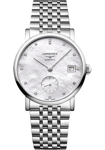 longines-elegant-collection-small-seconds-automatic-watch-34-5-mm-steel-case-white-mother-of-pearl-diamond-dial-bracelet-l4-312-4-87-6