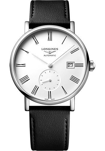 longines-elegant-collection-small-seconds-automatic-watch-39-mm-steel-case-white-roman-dial-black-strap-vegetable-material-bracelet-l4-812-4-11-0