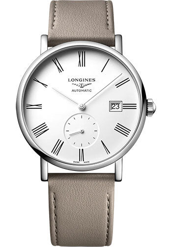 longines-elegant-collection-small-seconds-automatic-watch-39-mm-steel-case-white-roman-dial-beige-strap-vegetable-material-bracelet-l4-812-4-11-2