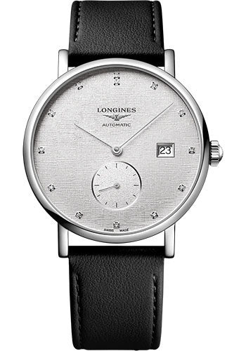 longines-elegant-collection-small-seconds-automatic-watch-39-mm-steel-case-striped-silver-diamond-dial-black-strap-vegetable-material-bracelet-l4-812-4-77-2
