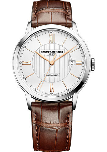 baume-mercier-classima-automatic-watch-date-display-40-mm-steel-case-silver-dial-light-brown-alligator-strap