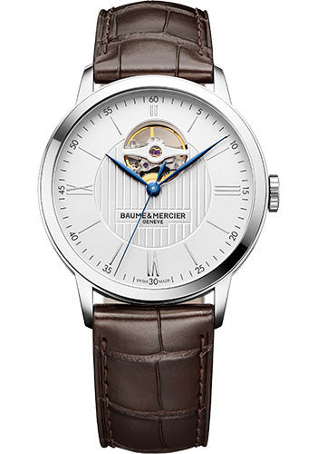 baume-mercier-classima-automatic-watch-open-balance-40-mm-steel-case-silver-dial-dark-brown-alligator-strap