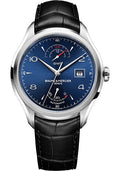 baume-mercier-clifton-automatic-watch-dual-time-power-reserve-43-mm-steel-case-blue-dial-black-alligator-strap