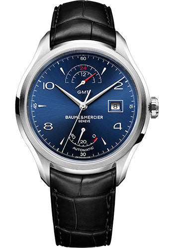 baume-mercier-clifton-automatic-watch-dual-time-power-reserve-43-mm-steel-case-blue-dial-black-alligator-strap