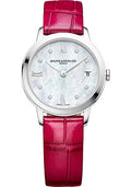 baume-mercier-classima-quartz-watch-date-display-diamond-set-31-mm-steel-case-diamond-white-mother-of-pearl-dial-fuschia-alligator-strap